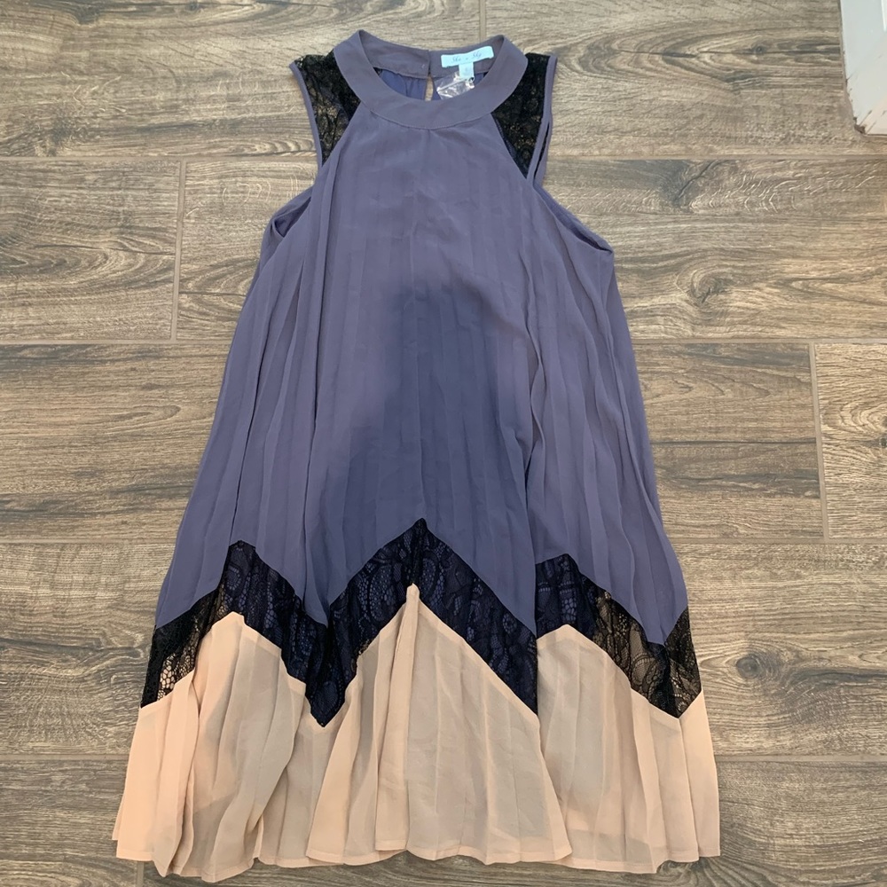 NWOT purple and peach, lace detail, pleated, swing dress